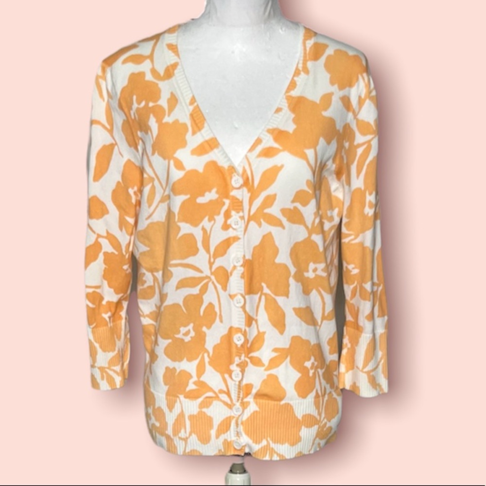 Women's Cream and Orange Floral Button-Front Sweater Cardigan